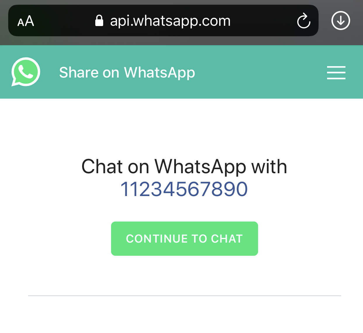 Chat window shown when opening a wa.me link for an unsaved number