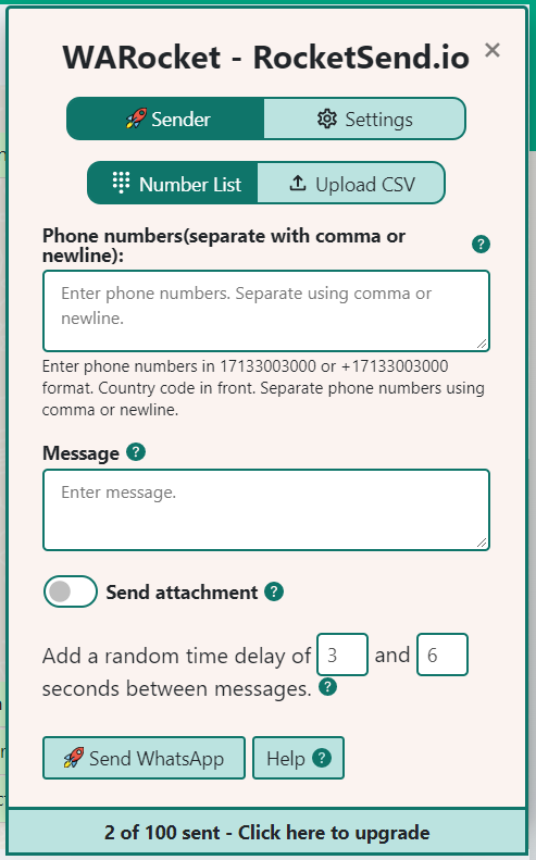 Rocket Sender panel with phone number and message fields