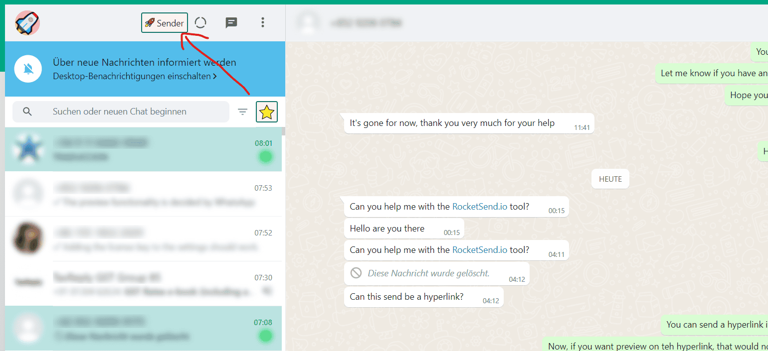 The Sender button location inside WhatsApp Web