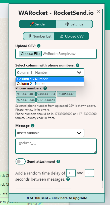 Column mapping screen after importing the CSV