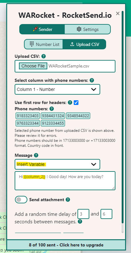 Variable placeholders inserted into the message template