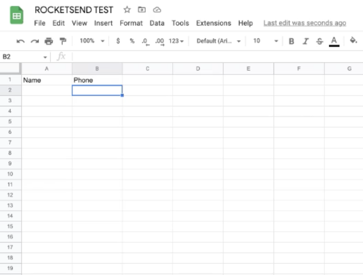 Sample spreadsheet with Name and Phone columns