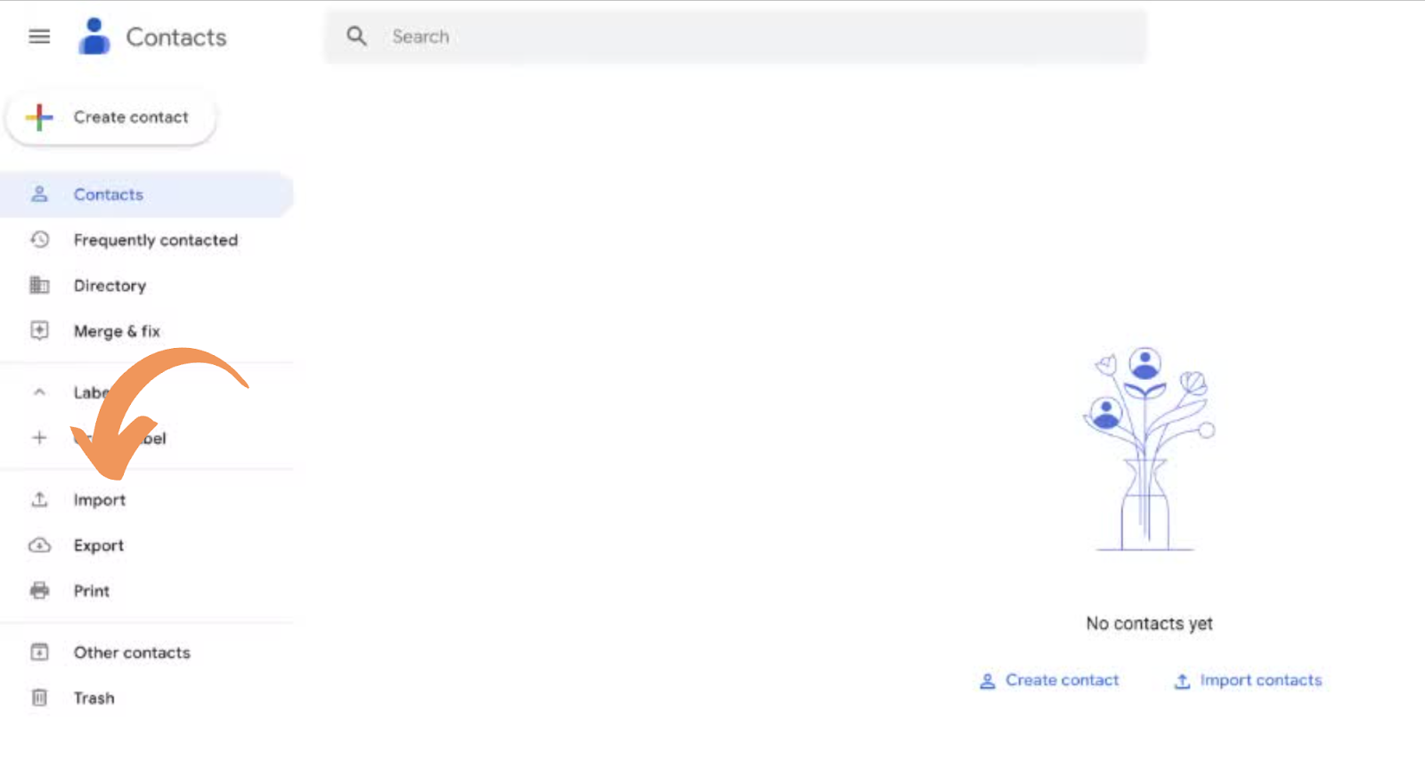 Google Contacts page with the Import button highlighted