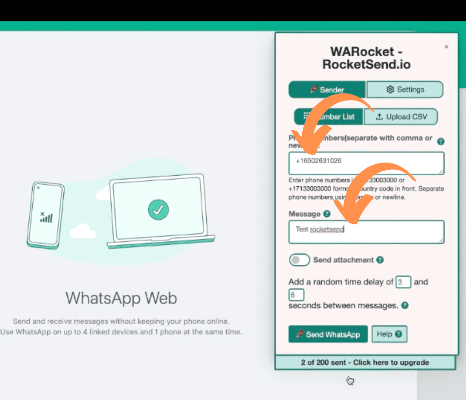 Phone number and message entered in the Rocket Sender panel