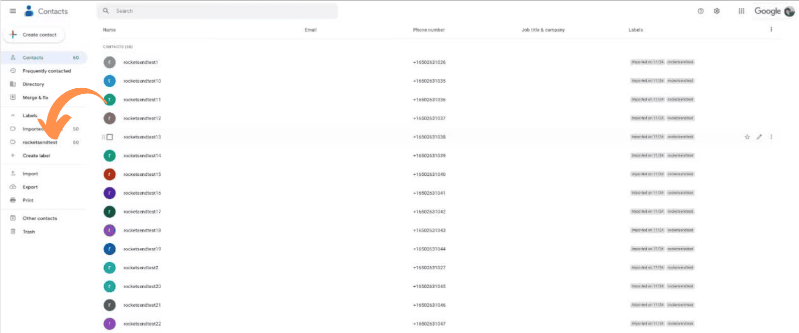 Selecting the contacts label in Google Contacts