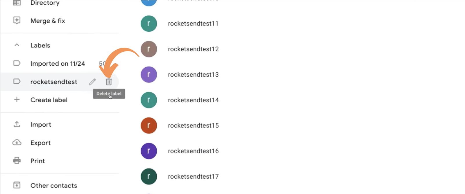 Trash icon to delete contacts under the label