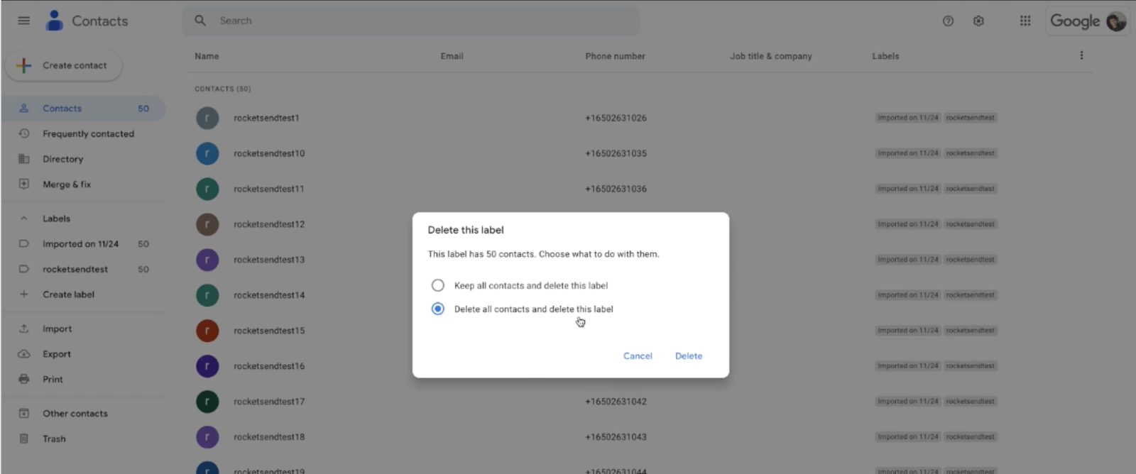 Confirmation dialog to delete all contacts and the label